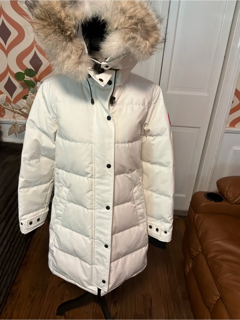 Canada Goose Off-White Long Down Puffer Parka with Fur-Trim Hood